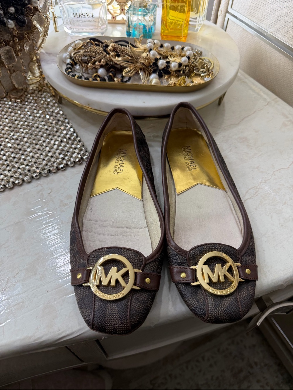 Michael Kors Brown Leather MK Logo Ballet Flats with Gold Hardware